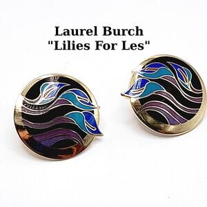 Vintage Laurel Burch "Lilies for Les" Post Earrings, Purple Blue, Gold Plated
